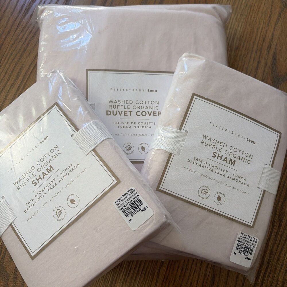 Pottery Barn Teen Washed cotton ruffle powdered blush F/Q duvet And 2 Shams NEW